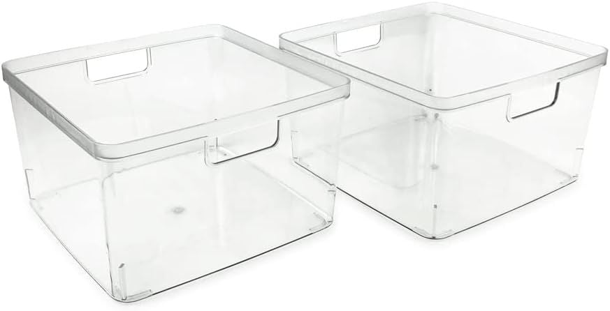 2-Pack Square Clear Storage Bins (10' L x 10' W x 6.1' H) w/Cutout Handles, Plastic Organizer for Home, Office, Kitchen, Fridge/Freezer, Bathroom, BPA Free, Food Safe (2-Pack, Square)
