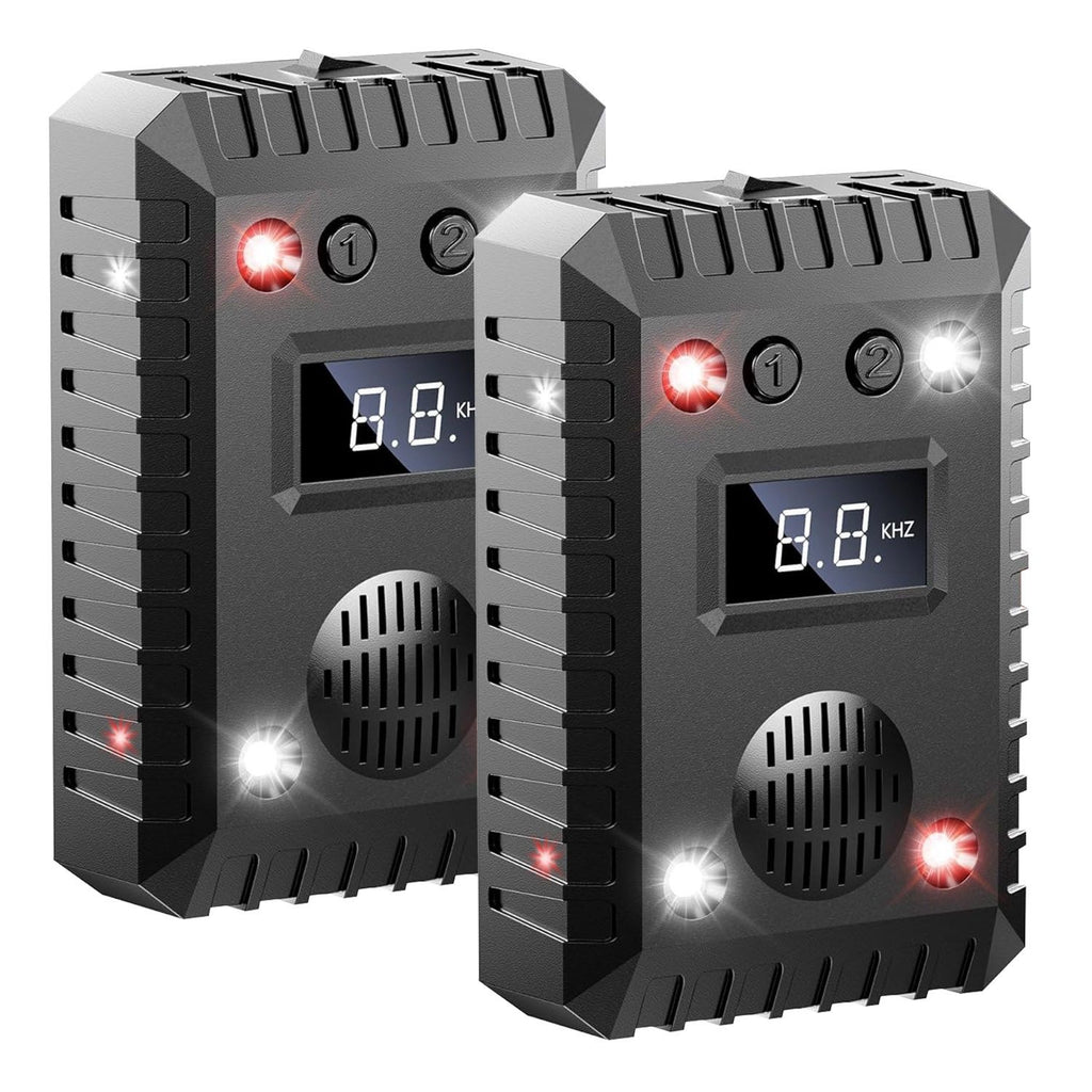 2 Pack Under Hood Ultrasonic Rodent Repeller Rodent Chaser for Vehicle Indoor Mouse Wildcat Control with 3 Power Supplies Strobe Light Alarm Sound for Home Garage Basement Warehouse