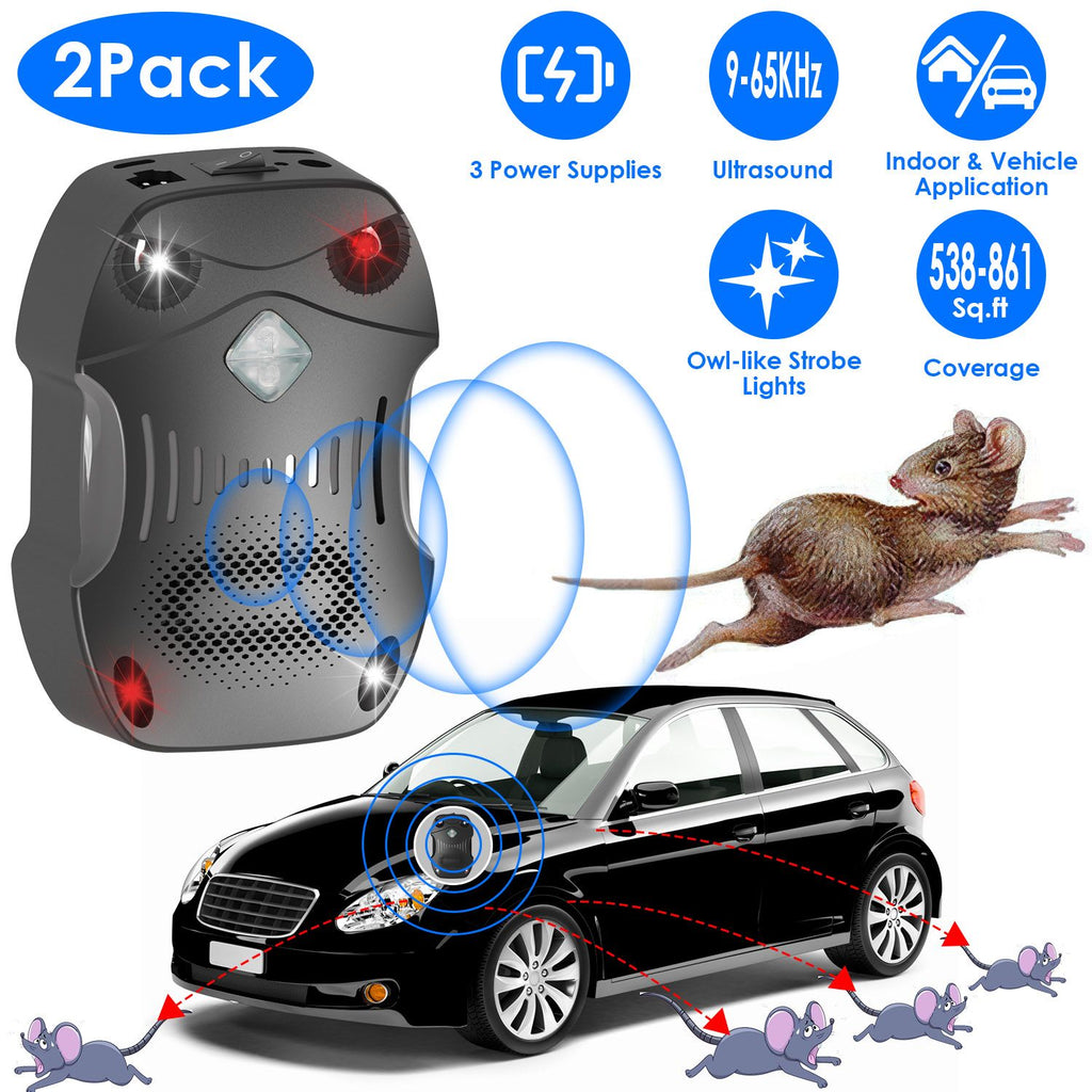 2 Pack Under Hood Ultrasonic Rodent Repeller Rodent Control Deterrent Chaser Blocker for Vehicle Indoor with Strobe Light 3 Power Supplies