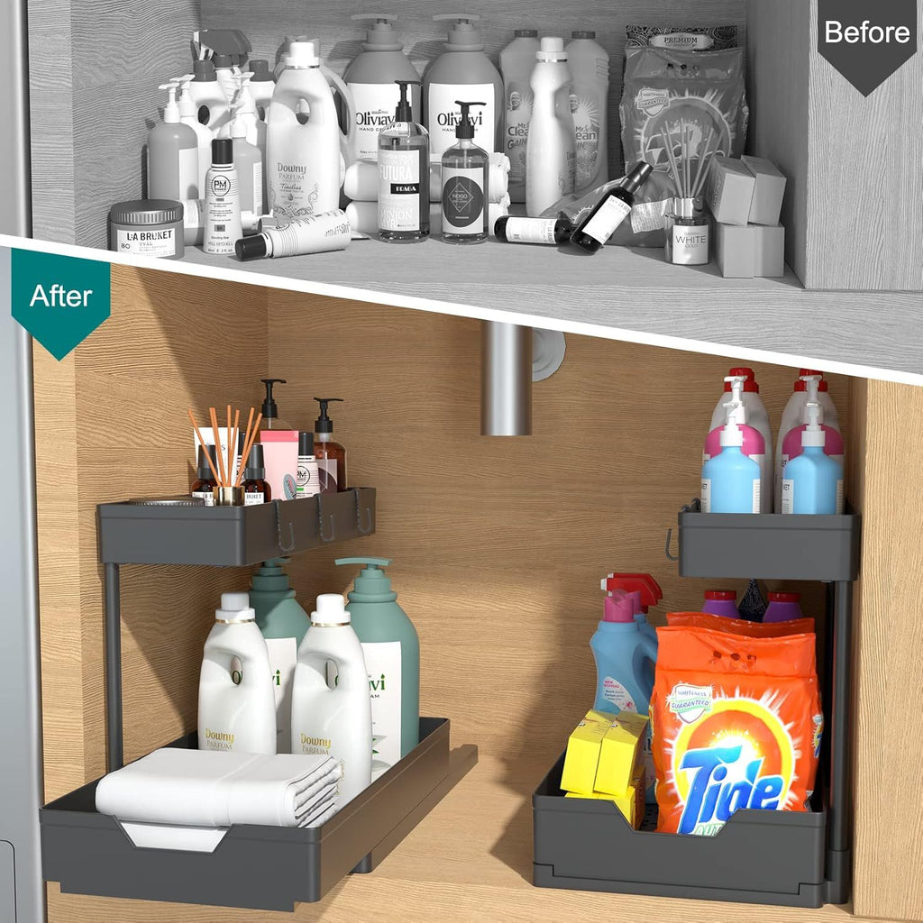 2 Pack Under Sink Organizer 2 Tier Sliding Cabinet Organizers Multi-Purpose Sink Storage Basket L-Shape Narrow Space Storage Shelves with 4 Hook for Kitchen Bathroom Drawer, Black