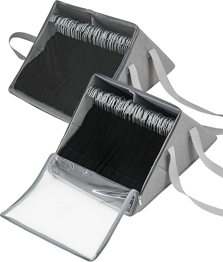 2 PackClothes Hanger Organizer Bag for Tangle-Free - Dual Compartments Hanger Storage Containers with Clear Cover for Closet Laundry Room, Foldable Organizer with Carry Handle