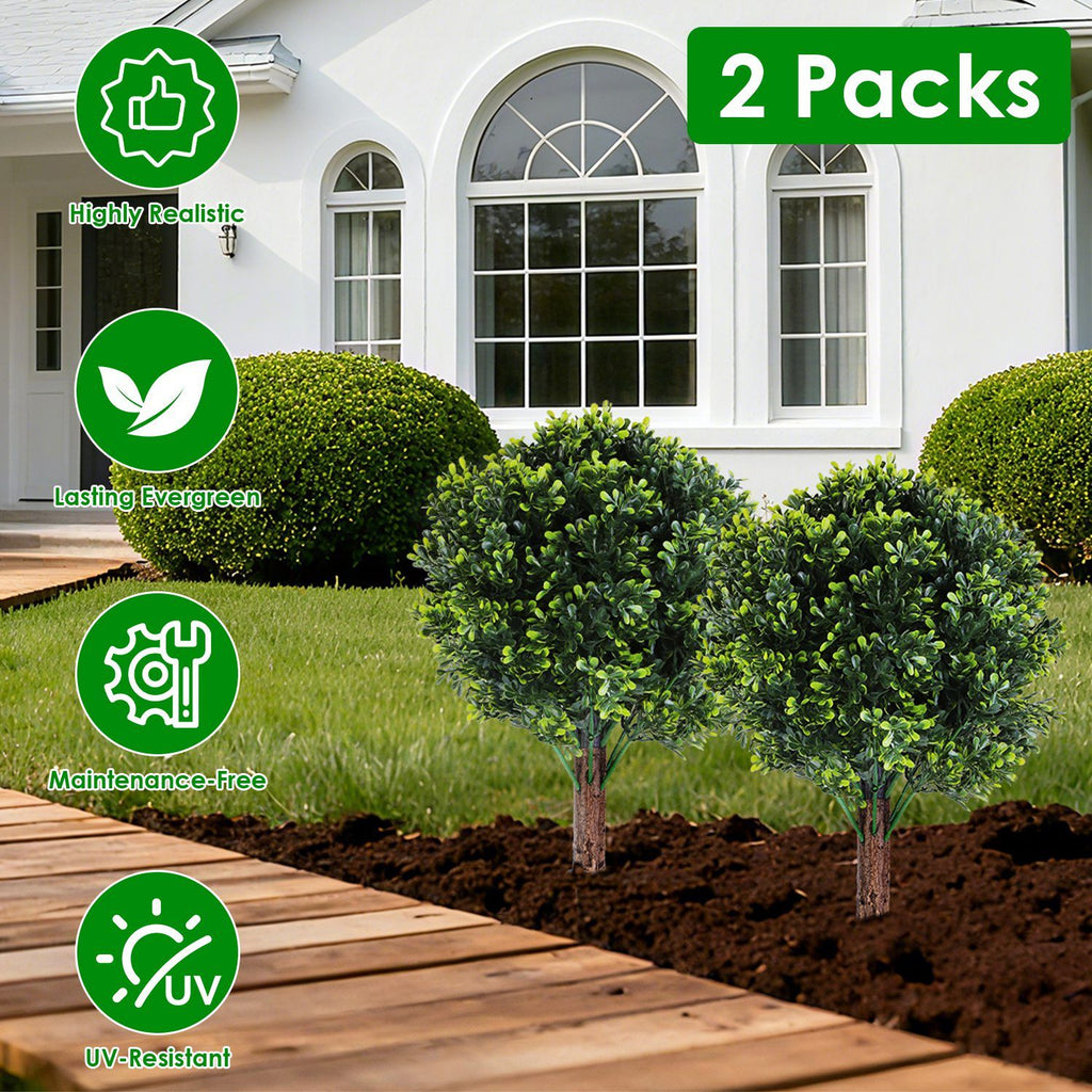 2 Packs Artificial Topiary Ball Trees UV Resistant Artificial Shrubs Fake Plants Evergreen Artificial Bush with Ground Spike for Indoor Outdoor Front Porch Garden