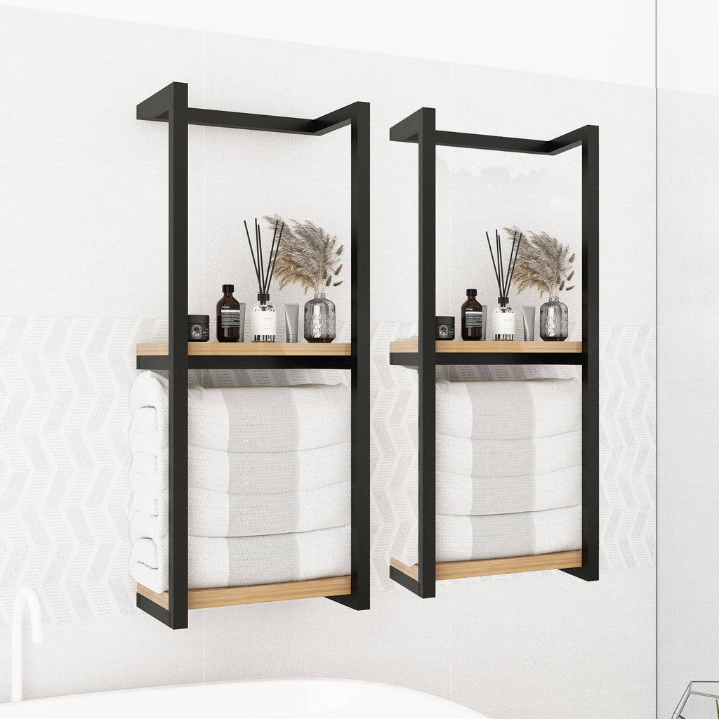 2 Packs Black Wall Mount Towel Holder Rack, Bathroom Wall Hanging Storage Organizer for Bath Towels, Hand Towels, Bathroom Accessories
