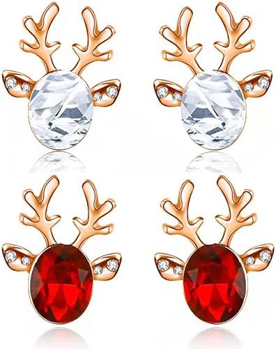 2 Pairs Christmas Stud Earrings Crystal Deer Stud Earrings Xmas Rhinestone Reindeer Earrings Antler Stud Big Crystal Gemstone Earrings for Women(Gold-White &Gold-Red)