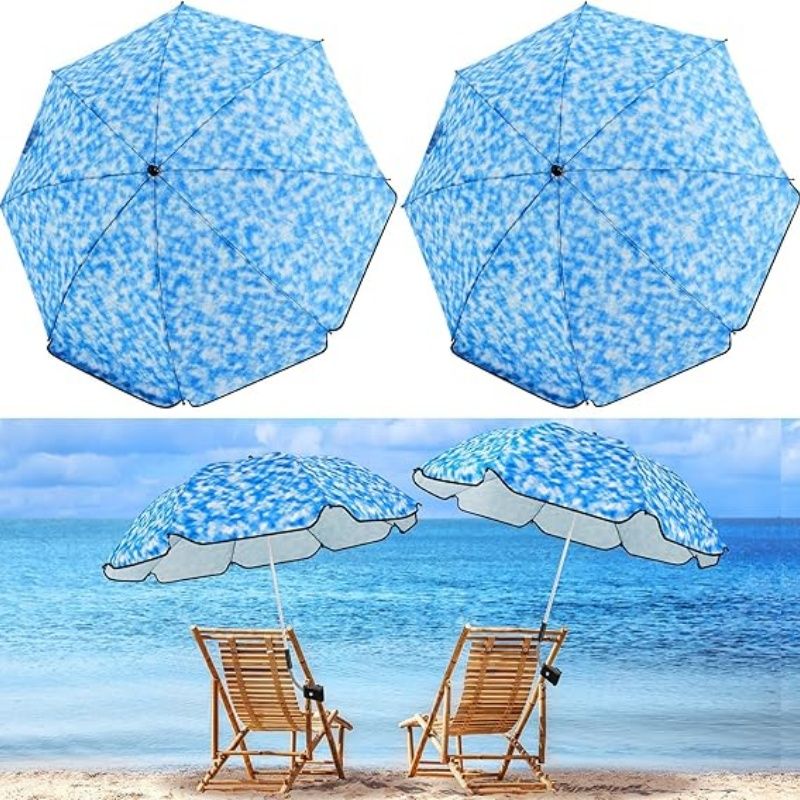 2 Pcs Automatic Chair Umbrella with Universal Clamp 44" UPF 50+ Portable Clamp on Beach Chair Adjustable Wheelchair Umbrella for Outdoor Patio Parasol