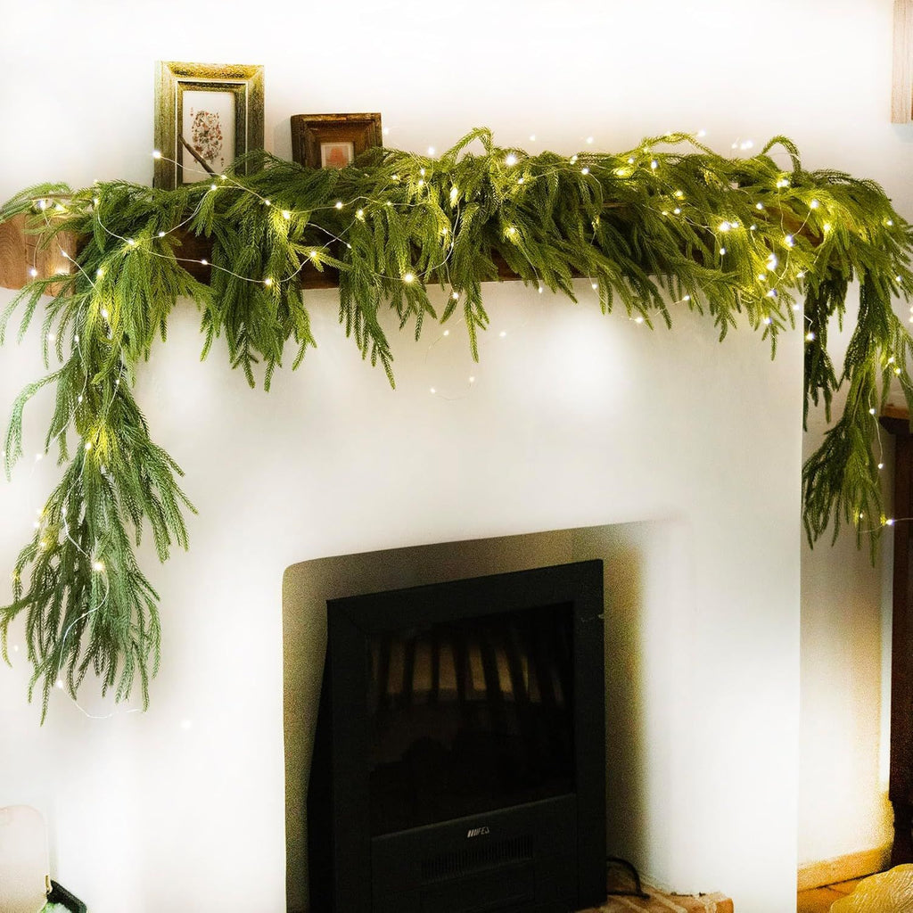 2 PCS Christmas Garland with Light, Real Touch Winter Pine Garland, Green Artificial Greenery Garland for Table, Mantle, Wall, Indoor, Outdoor Christmas Decorations