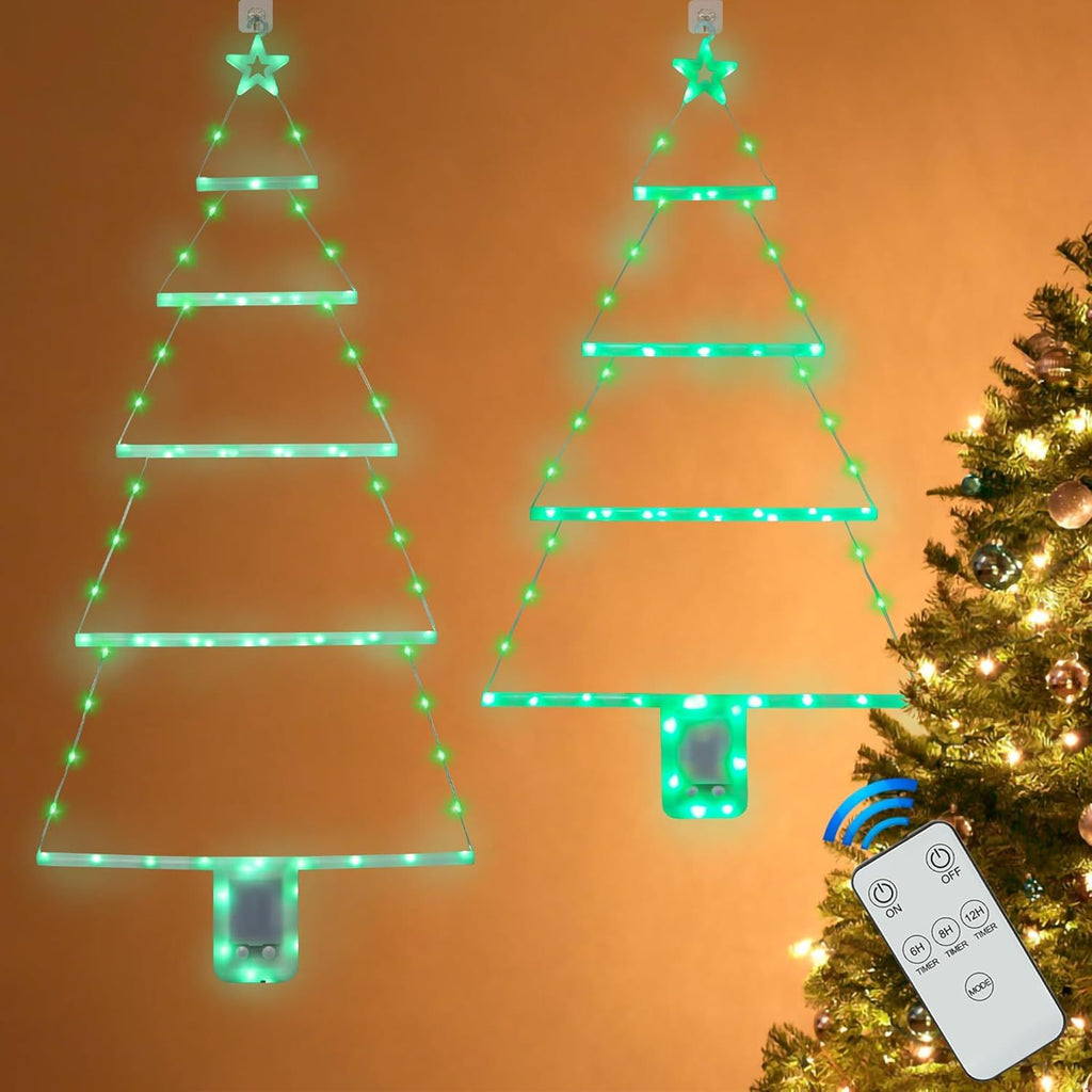 2 Pcs Christmas Tree Ladder Lights with Remote, 3 FT & 2.4 FT Window Wall Hanging Lights with Timer & 8 Modes, LED Christmas Decoration for Indoor Home