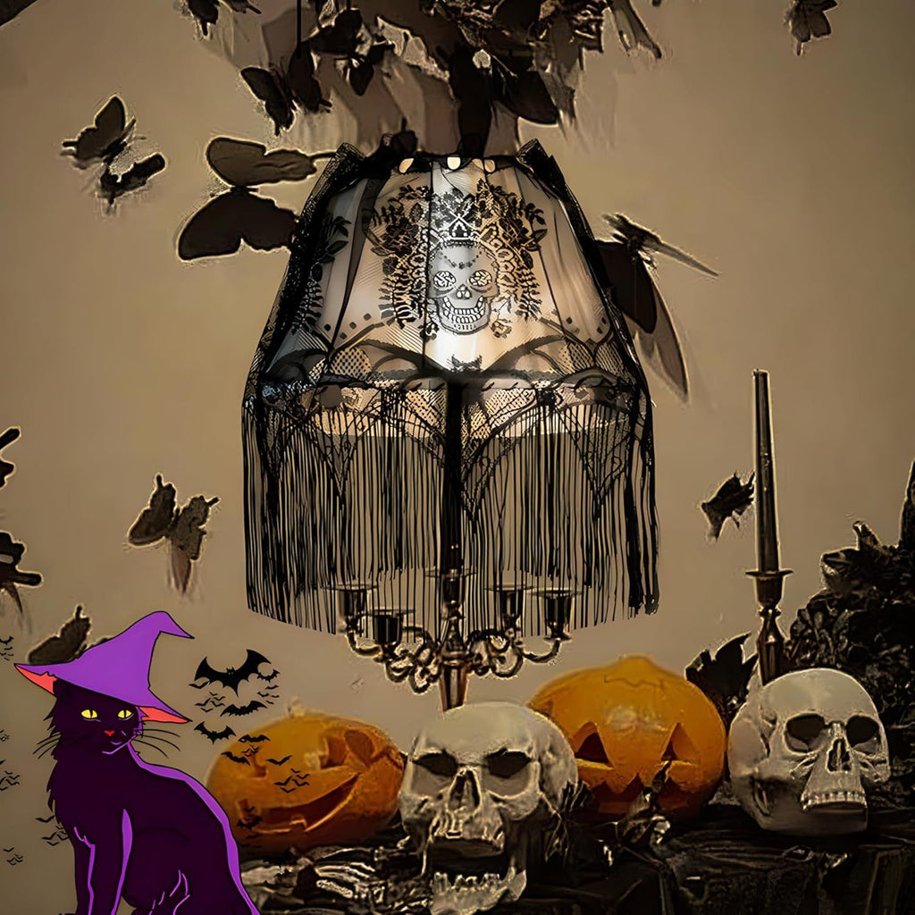 2 Pcs Halloween Lamp Shade Cover Black Lace Lampshades Spooky Skull Halloween Decorations Lamp Shade