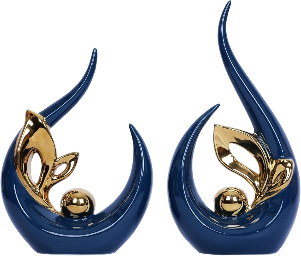 2 PCS Navy Blue Gold Home Decor Accent Ceramic Statue Abstract Sculpture Centerpieces Mid Century Modern Decor for Tables Coffee Table top Decorations for Living Room Desktop Shelf Dining Room Kitchen