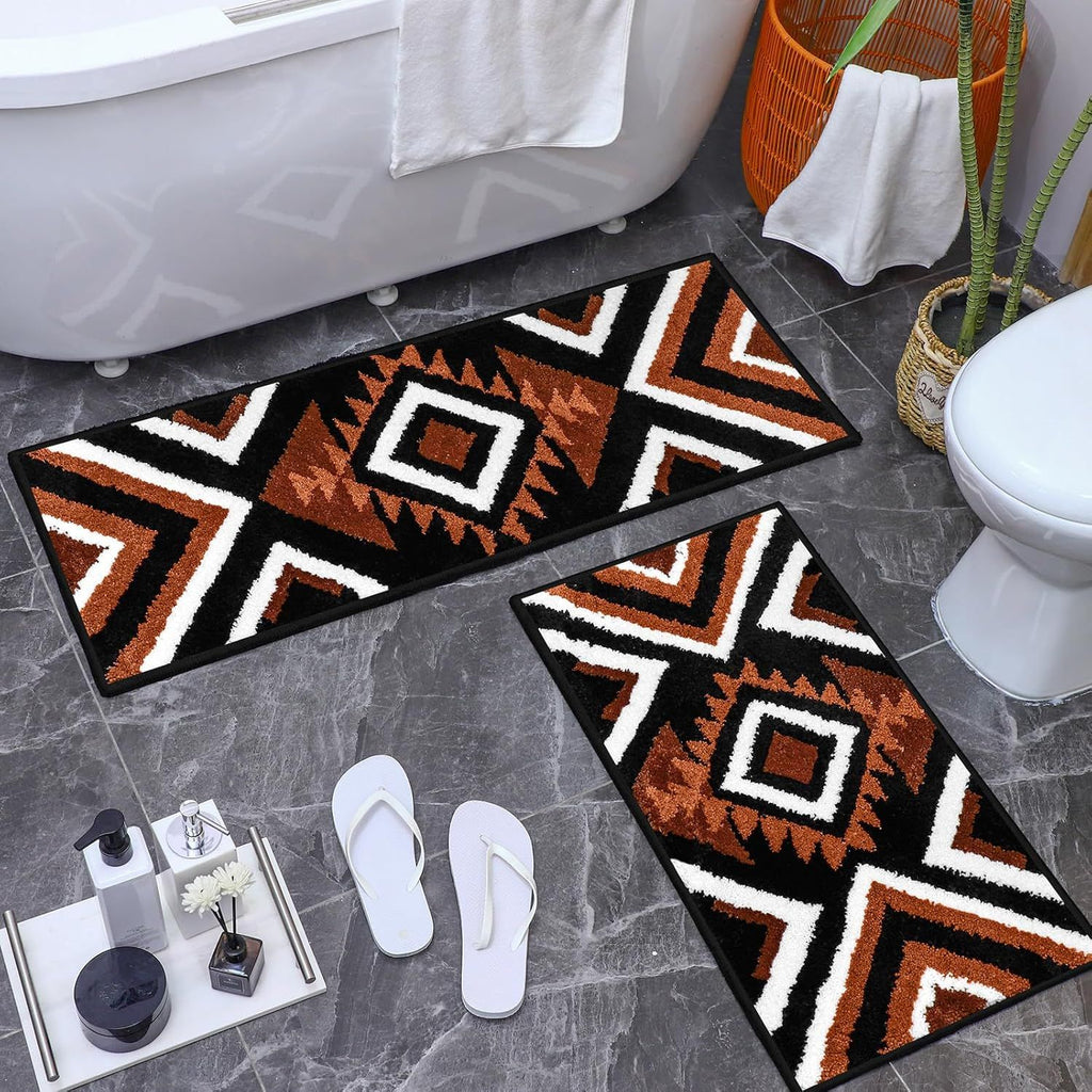 2 Pcs Western Aztec Bathroom Rugs Boho Aztec Bath Mat Non Slip Geometric Bathroom Decor Soft Absorbent Microfiber Rug for Kitchen, 17" x 47" +16" x 29"(Classic Pattern)