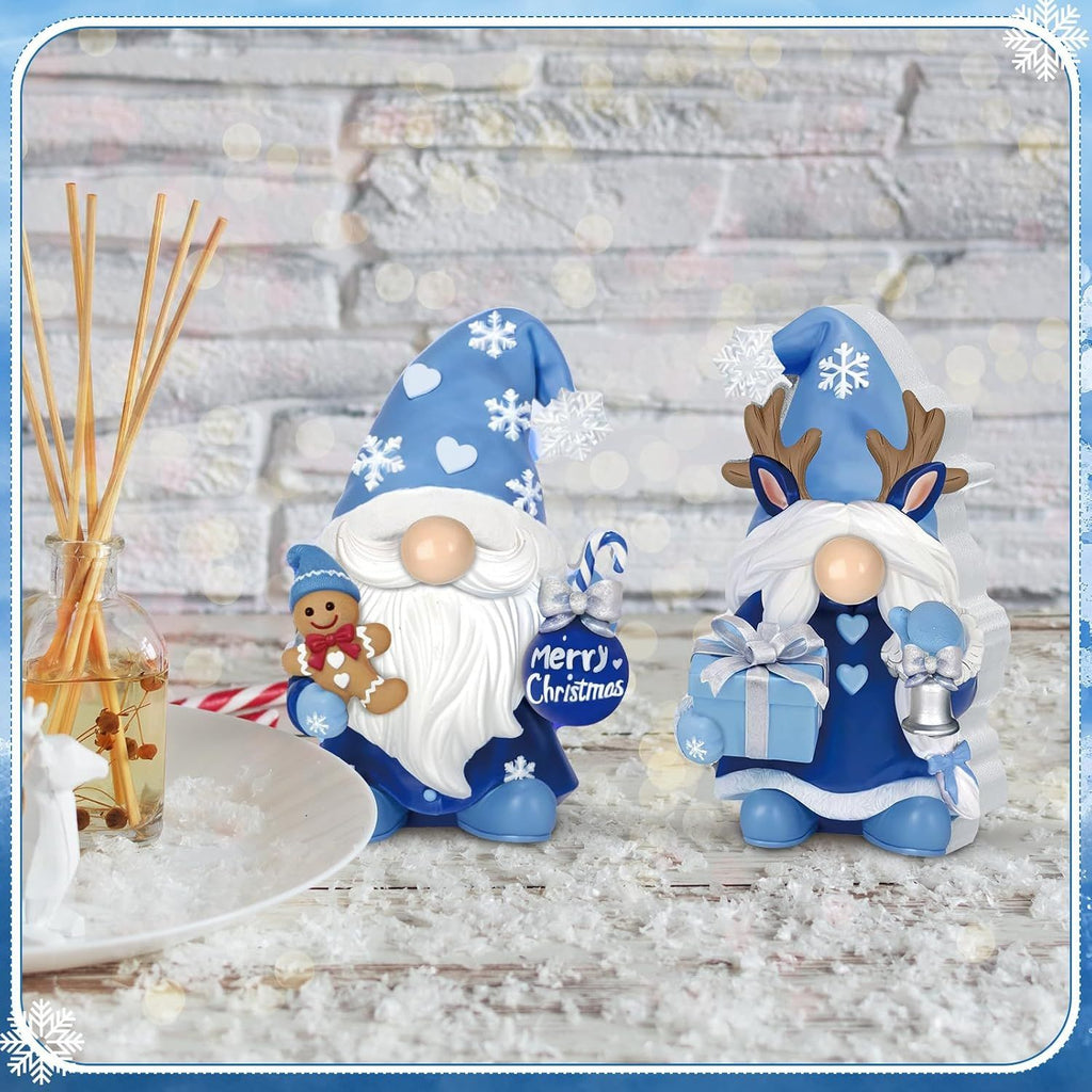 2 Pcs Winter Christmas Gnomes Figurines, Rustic Scandinavian Nordic Elf Figurine Wooden Snowy Blue Gnome Decoration Set, for Winter Holiday Table Centerpieces,
