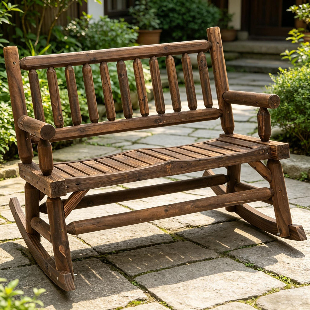 2-Person Wood Rocking Chair Log Design Heavy Duty Wide Curved Seats for Patio Backyard Garden Walnut