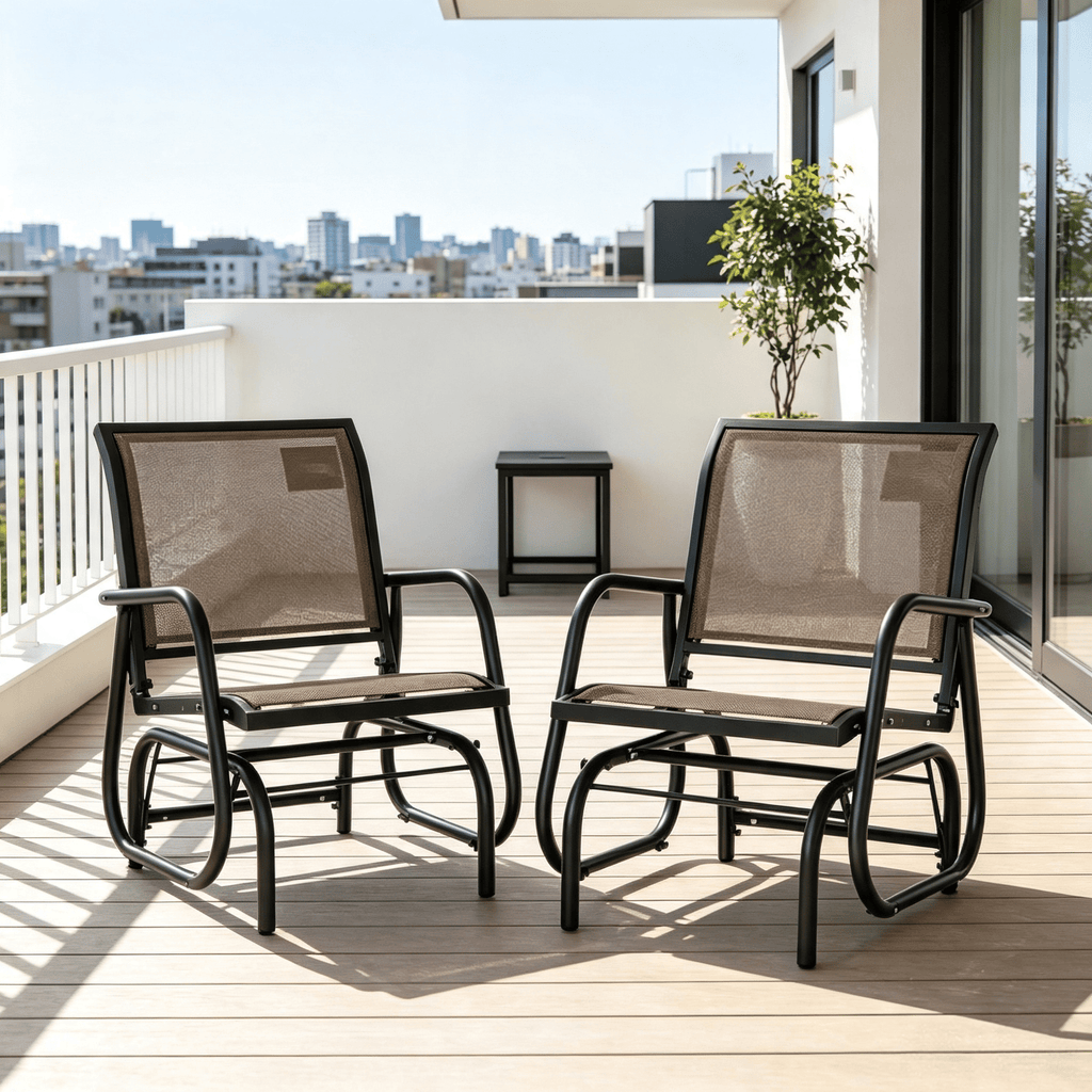 2 Piece Brown Metal Frame Porch Glider Chair Set with Breathable Mesh Fabric And Curved Armrests for Garden Poolside Backyard Balcony