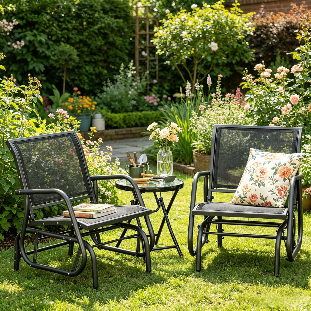 2-Piece Outdoor Glider Swing Set Breathable Mesh Rocking Chair with Durable Frame Curved Armrests Supports 264 Lbs for Backyard Garden Porch Black