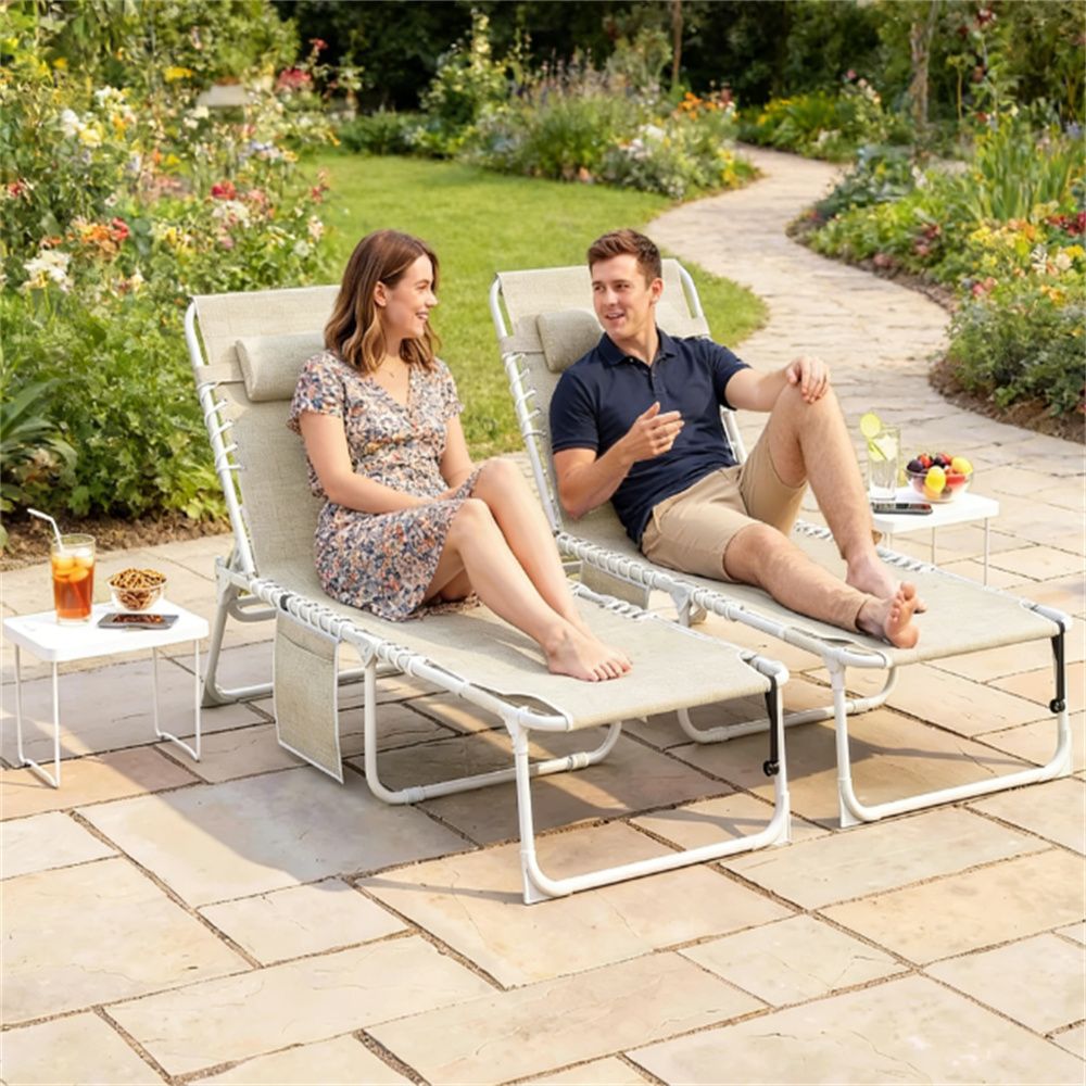 2-piece set of sunbathing chairs, folding chairs, outdoor lounge chairs, sun chairs, beige