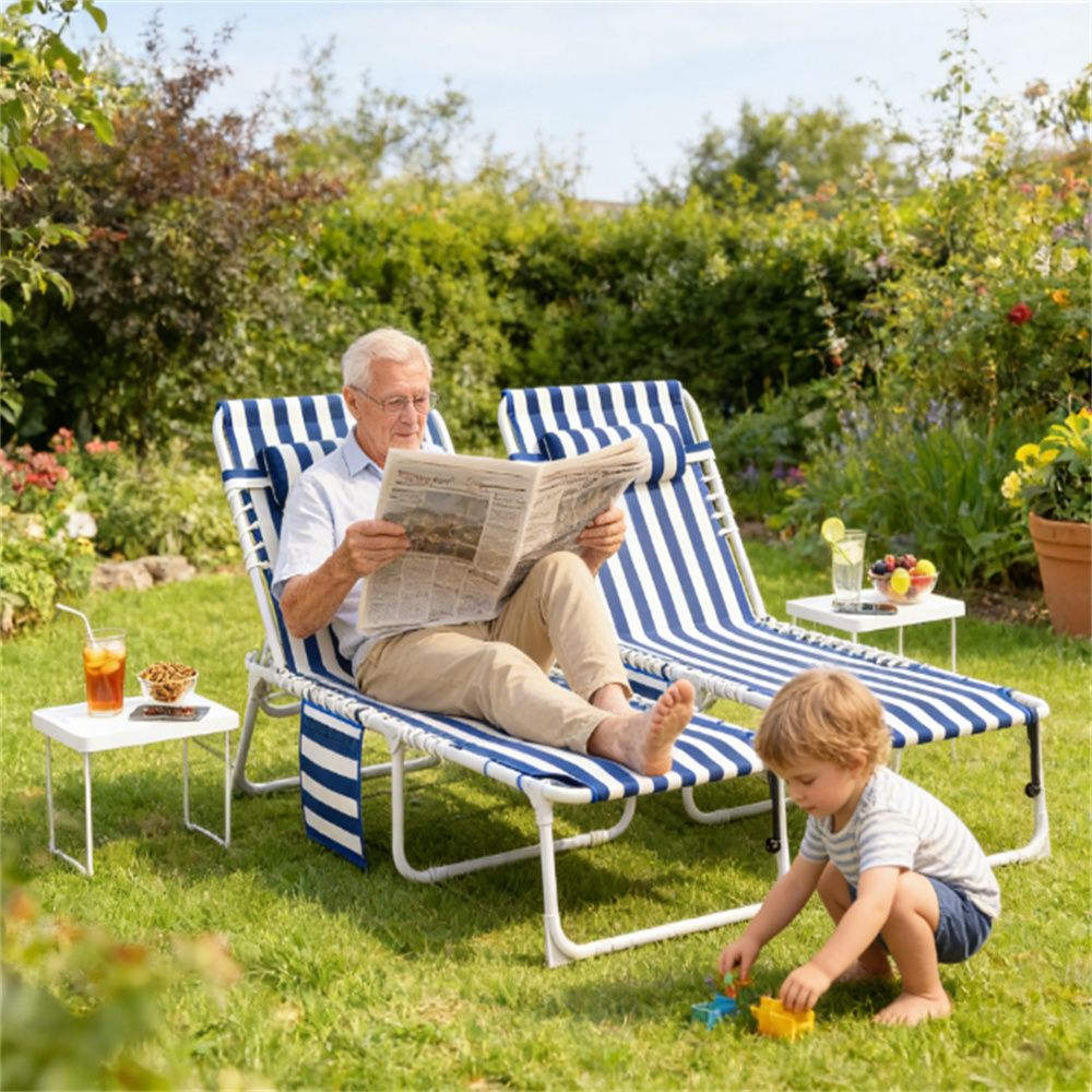 2-piece set of sunbathing chairs, folding chairs, outdoor lounge chairs, sun chairs, blue and white