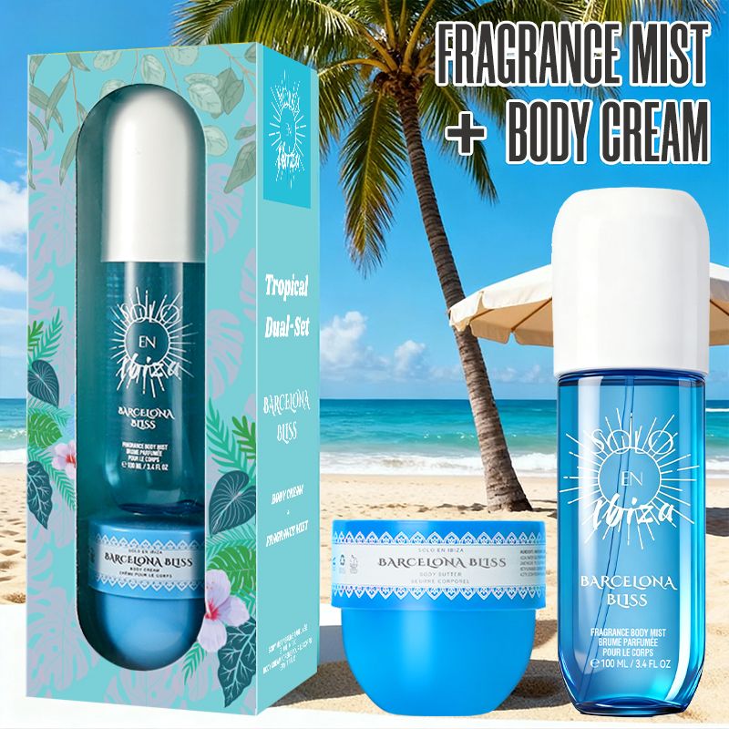 2-Piece Set, SOLO EN IBIZA Body & Hair Fragrance Mist And Body Cream Gift Box For Men And Women, Long Lasting Fragrance, 4 Different Scent, Perfect For Holiday Gifts, Dating, Daily Life, Parties