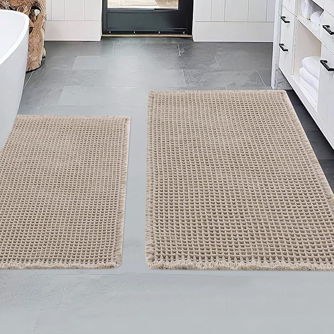 2 Pieces Bathroom Rugs Set, Washable Waffle Bath Mats Super Absorbent Shower Mats, Quick Dry Boho Bath Mat Bath Rugs with Tassels for Bathroom Floor(24"X17"+30"X18", Brown)
