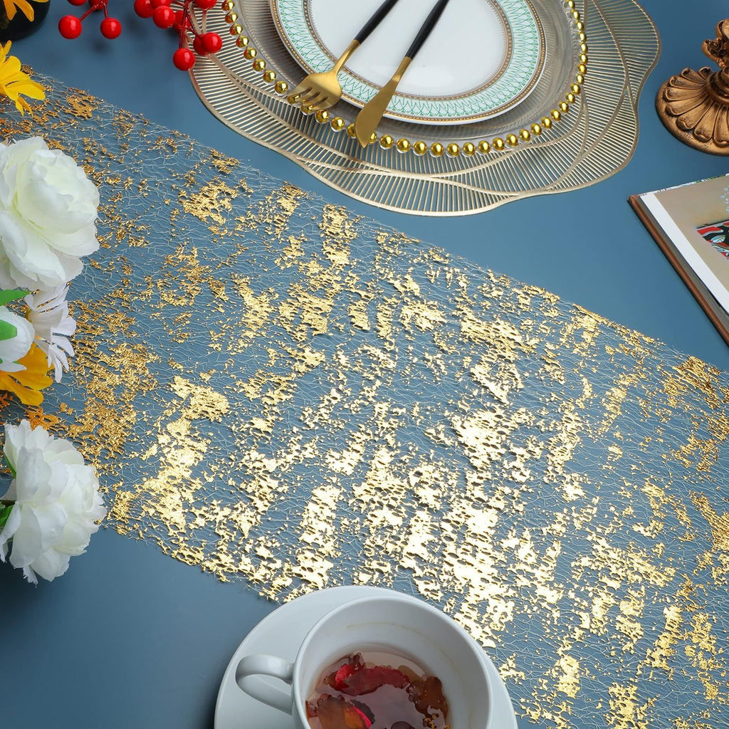 2 Pieces Gold Table Runner, Sequin Glitter Foil Metallic Thin Mesh Runner Roll 11"x108", Gold Table Decorations for Event Party, Wedding, Birthday Party, Christmas