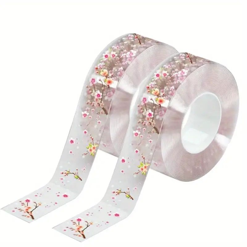 2 Rolls Waterproof Kitchen Seam Sealing Tape 118.11 Inch - Floral Design Clear Adhesive for Sink, Toilet, Stove Edges - Leak-Proof Gap Sealant with Decorative Pink Flowers on Black Background, Sealant