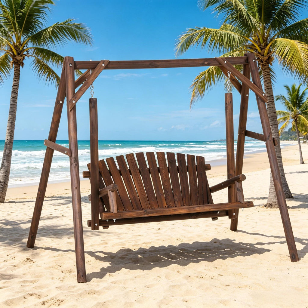 2-Seat Wooden Swing Bench Ergonomic Design a Frame Construction Stable Non-Slip Solid Wood Frame Log Garden Swing for Outdoor Indoor Brown