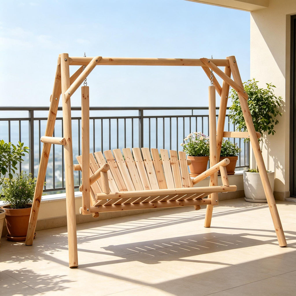 2-Seat Wooden Swing Bench Ergonomic Design a Frame Construction Stable Non-Slip Solid Wood Frame Log Garden Swing for Outdoor Indoor Natural Wood