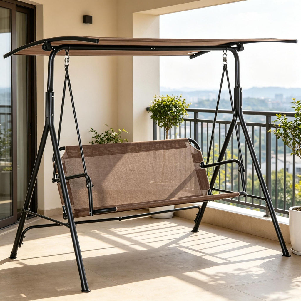2-Seater Outdoor Patio Swing Chair with Adjustable Canopy And Armrests Brown Texeline Fabric on Steel Frame for Porch Swinging