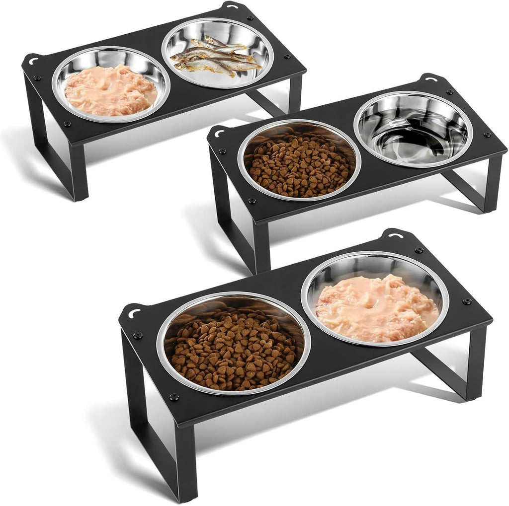 2 Set Elevated Cat Food Water Bowls, 4 Stainless Steel Bowls for Indoor Pet with Cute Metal Stand, 10° Tilted Anti-Vomiting Wide Shallow Raised Cat Dishes Whisker Friendly for Multiple Kitten,Puppy