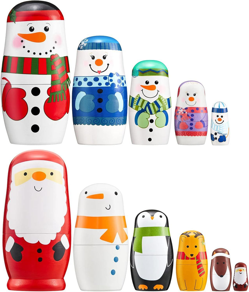 2 Sets Christmas Holiday Santa Snowman Nesting Dolls Wooden Cute Matryoshka Russian Dolls Set Novelty Nested Toys for Christmas Decor Gift(Cute Style)