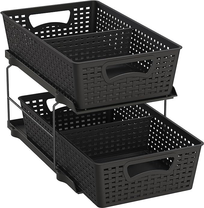 2 Tier Bathroom Organizer Tray Pull-Out Sliding Drawer/Under-Sink Storage, Black