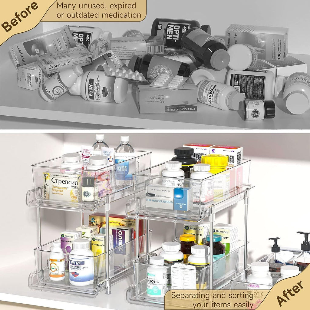 2-Tier Bathroom Ornizer with Dividers Clear Under Sink