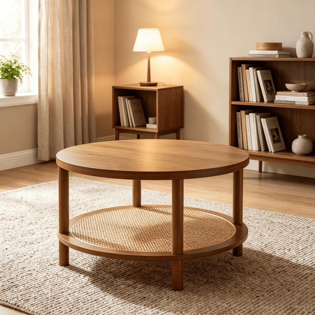 2-Tier Boho round Rattan Coffee Table with Storage Shelf Living Room Decorative  Coffee Table