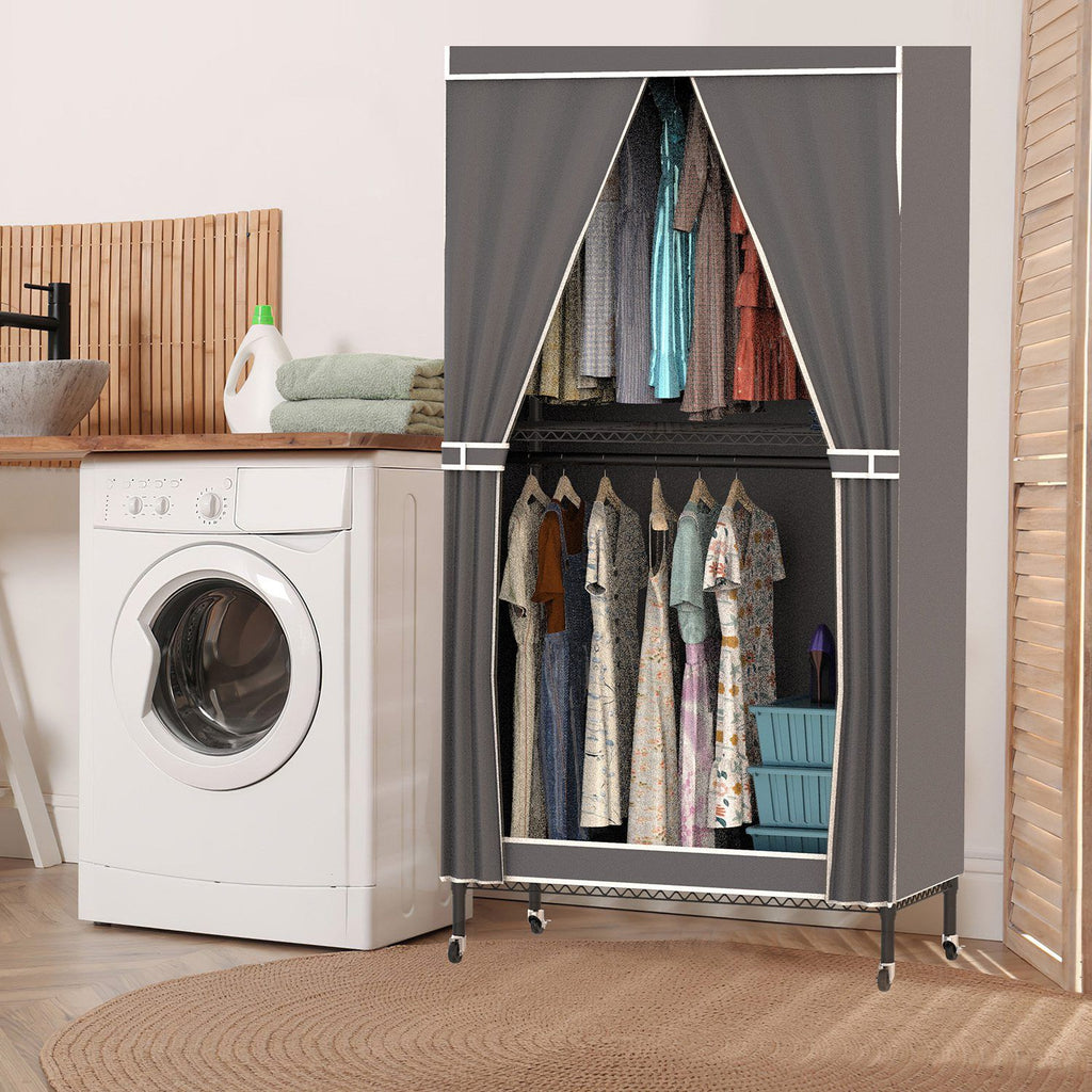 2 Tier Clothing Rack With Cover Portable Wardrobe Closet Covered Garment Rack with 4 Wheels 2 Hanging Rods 2 Hook Racks 35.43x17.13x72.44in