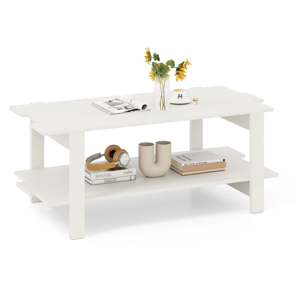 2-Tier Coffee Table Slatted Wood Center Table with Storage Shelf