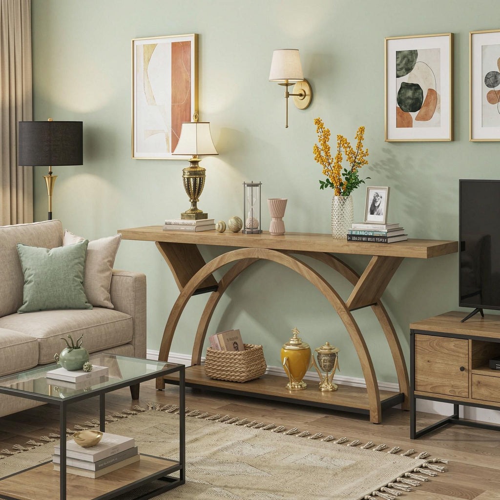 2-Tier Console Table 70.9 Inch Entryway Table with Half Moon Frame Living Room Decor Hallway Table Wood TV Stand Living Room Decor