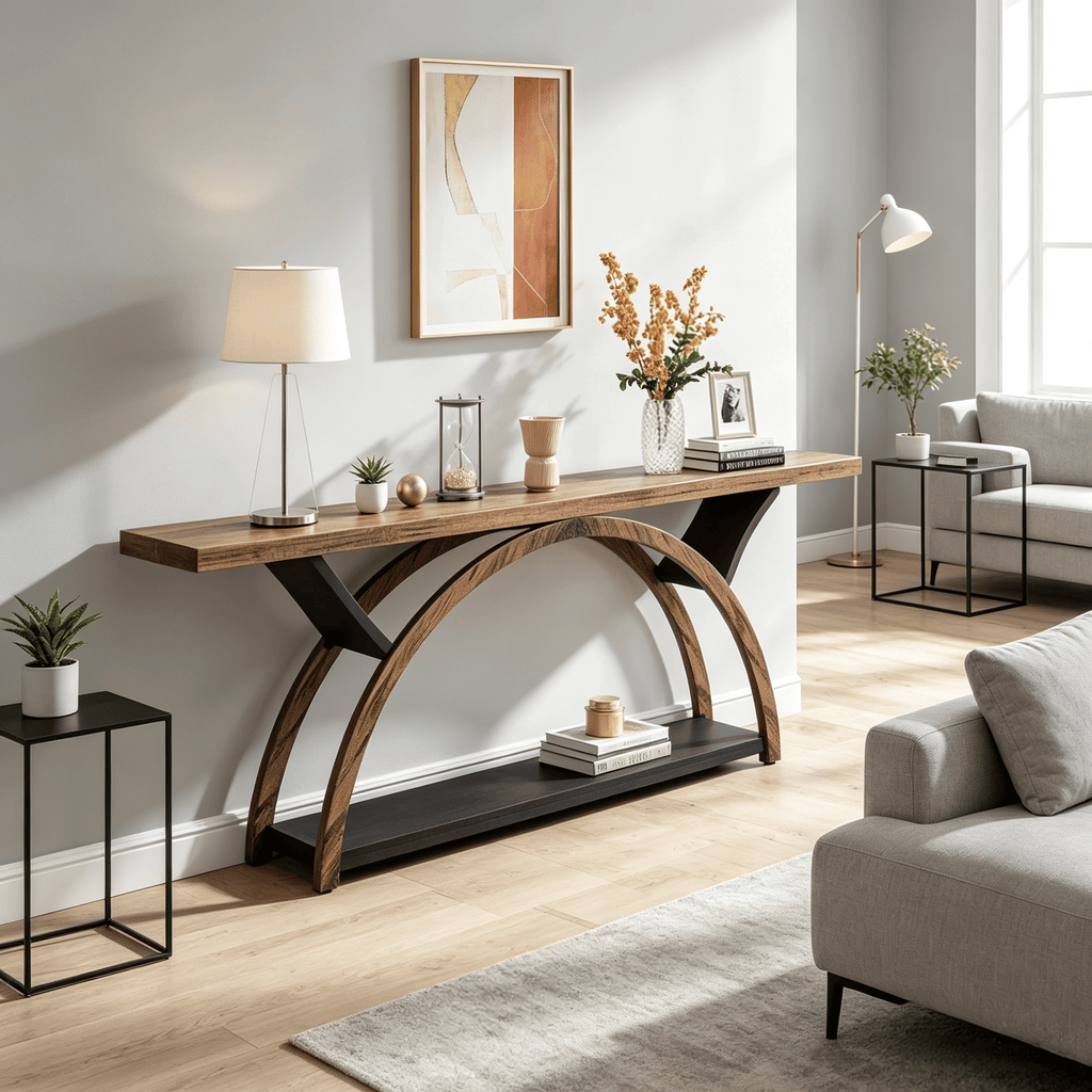 2-Tier Console Table 70.9 Inch Entryway Table with Half Moon Frame Living Room Decor Hallway Table Wood TV Stand Living Room Decor