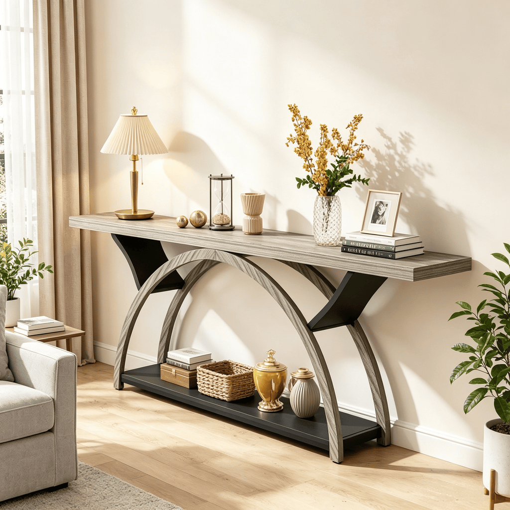 2-Tier Console Table 70.9 Inch Entryway Table with Half Moon Frame Living Room Decor Hallway Table Wood TV Stand Living Room Decor