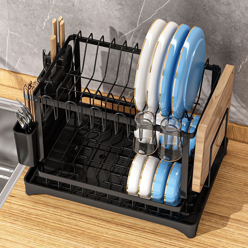2-Tier Dish Drying Rack with Drain Tray, Large Capacity Kitchen Plate Cup Organizer with Knife, Chopstick & Cutting Board Holder, Black Metal Dish Storage Rack