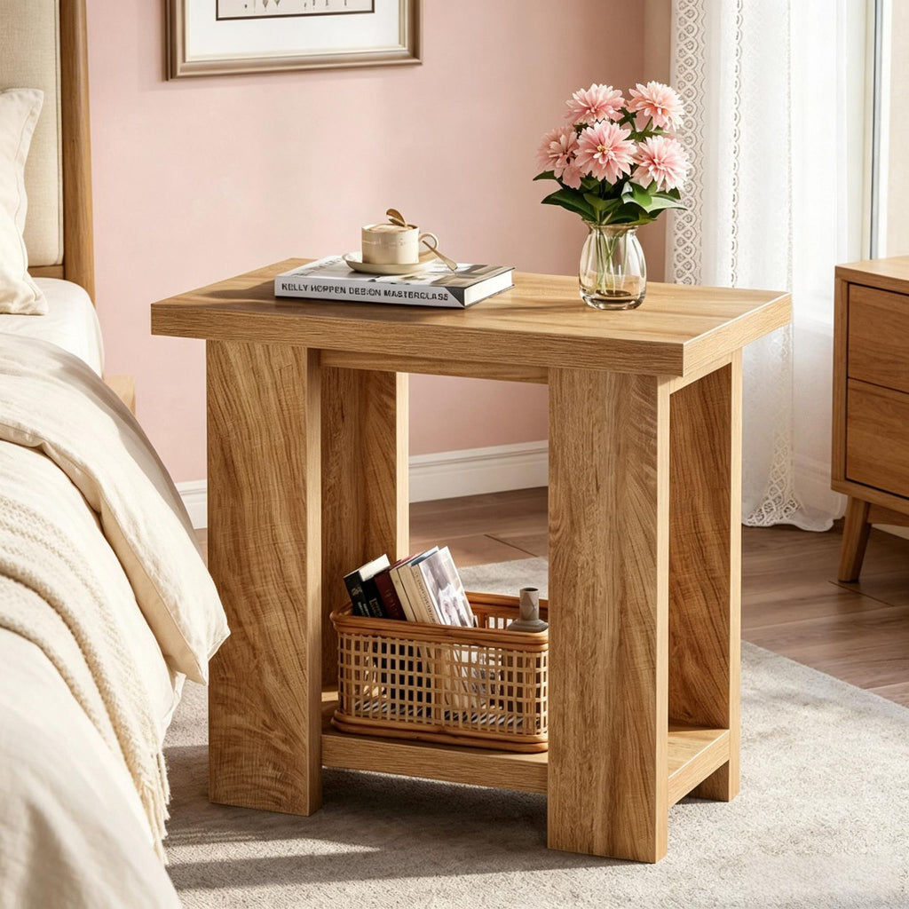 2-Tier Farmhouse End Table with Storage Shelves Side Table for Small Space Rustic Wooden Sofa Table Living Room Decor