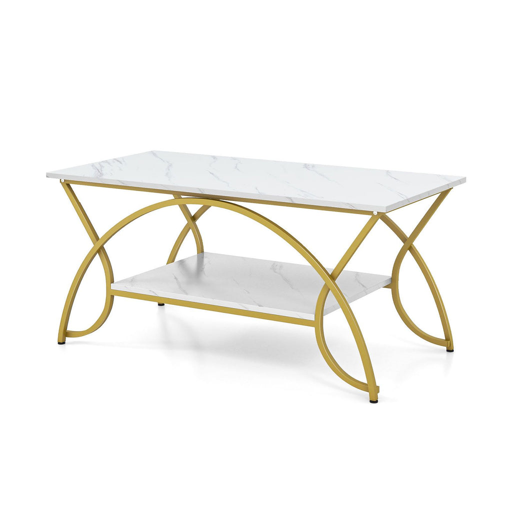 2-Tier Faux Marble Coffee Table with Marble Top and Metal Frame