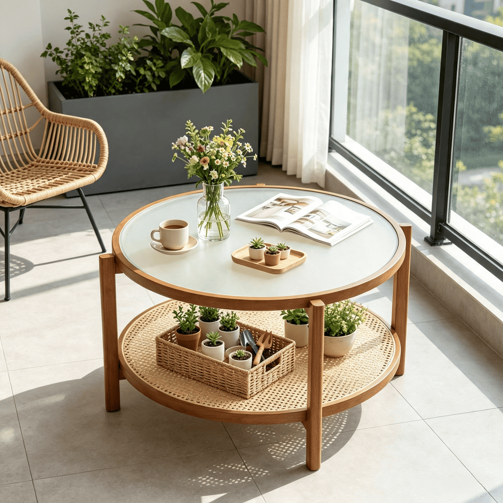 2-Tier Rattan Coffee Table Frosted Tempered Glass Top Wood Legs Living Room Decorative Storage