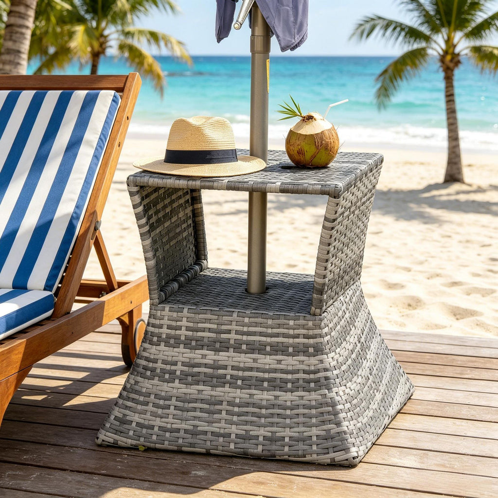 2 Tier Rattan Wicker Outdoor Side Table with Umbrella Hole All Weather Mixed Gray Patio Garden Backyard End Table with Storage Shelf