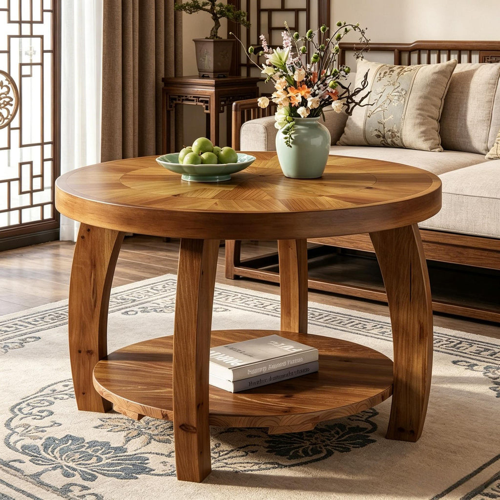 2-Tier round Coffee Table 31.5 Inch Solid Wood Center Table with Mosaic Pattern