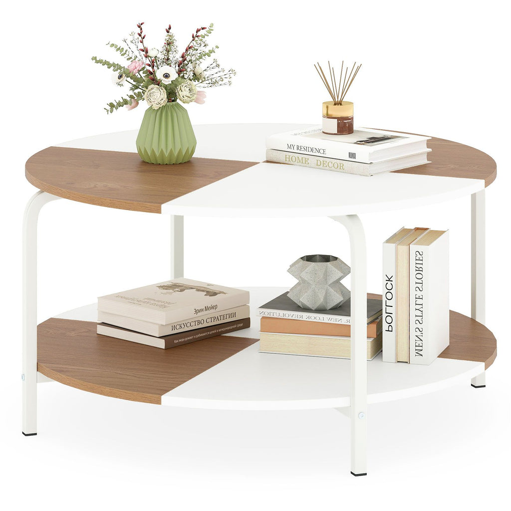 2-Tier Round Coffee Table Metal Frame with Storage Shelf