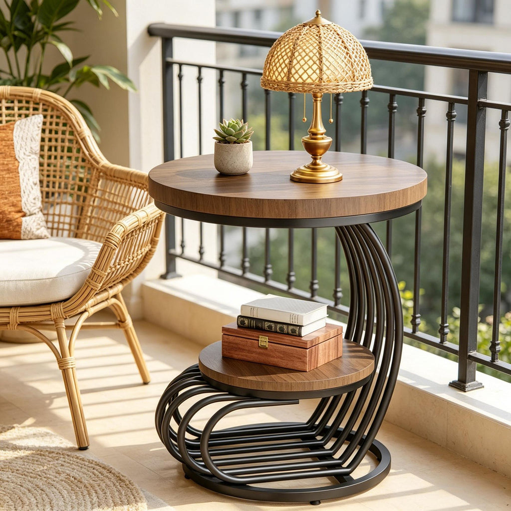 2-Tier round End Table Faux Marble Side Table with Storage Shelf Living Room Coffee Table Sofa