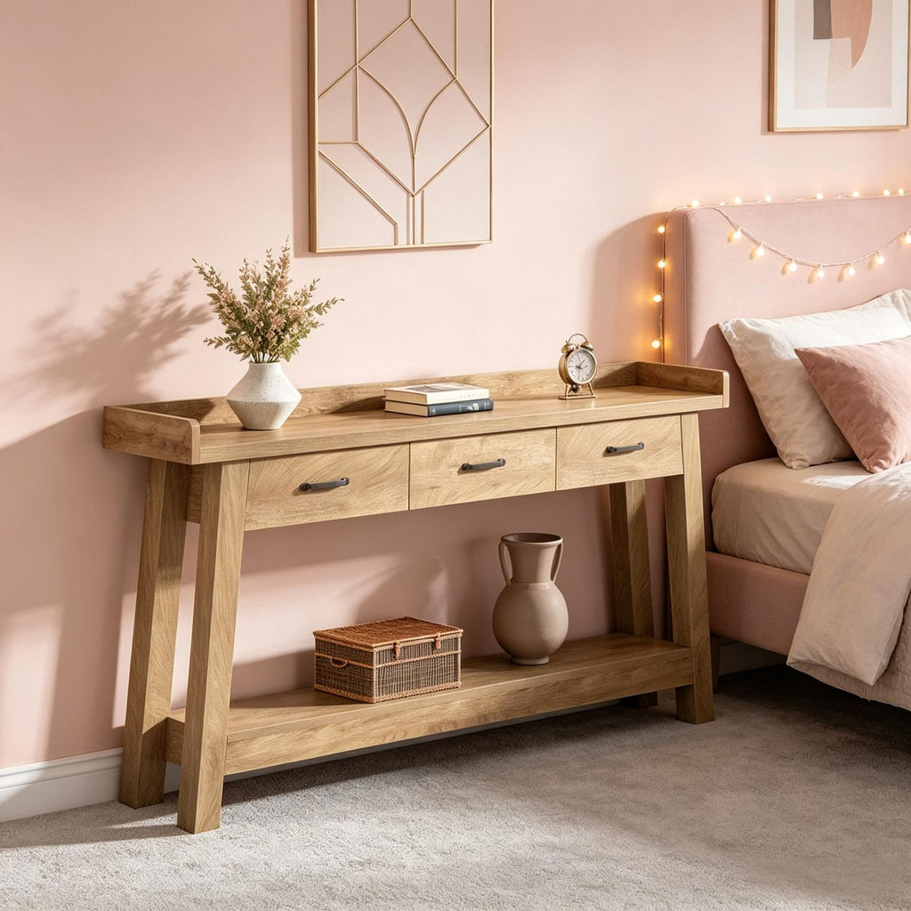 2-Tier Sofa Console Table 70.9 Inch with 3 Drawers And Raised Baffle Long Entryway Table for Living Room Decor