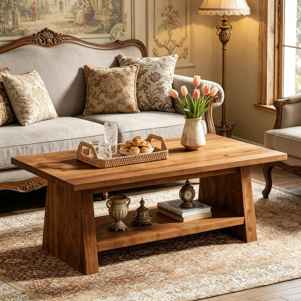 2-Tier Solid Wood Coffee Table 47 Inch Farmhouse Style Wood Center Table with Storage for Living Room