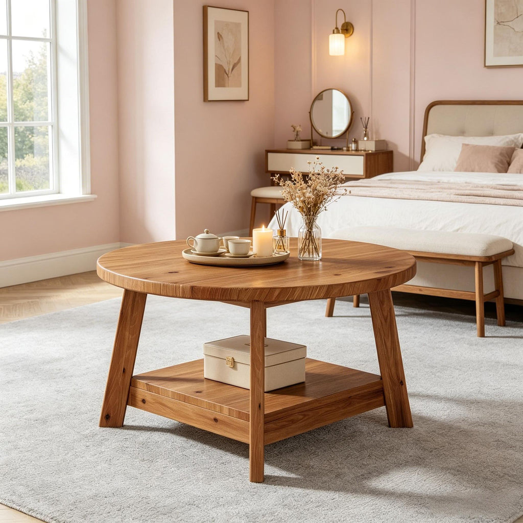 2-Tier Solid Wood round Coffee Table 31.5 Inch Diameter Living Room Cocktail Accent Table
