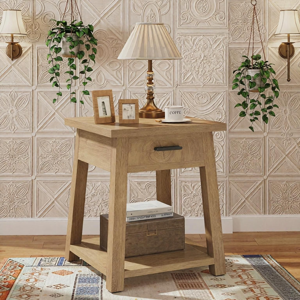 2-Tier Wooden End Table with Drawer And Shelf Storage Side Table for Living Room Bedroom Rustic Modern Furniture