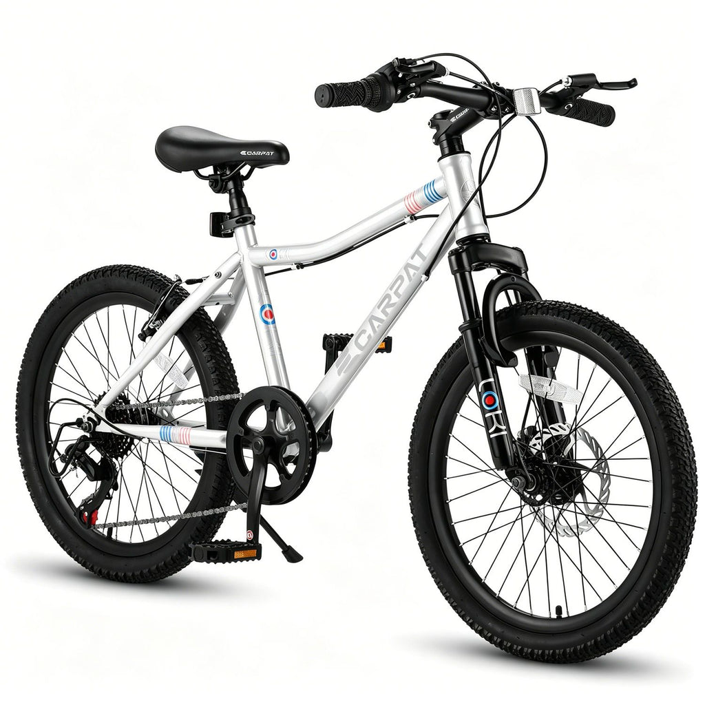 20 Inch Kids Mountain Bike, 7-Speed Boys Girls Bicycle with Front Suspension, Disc & V-Brake, Steel Frame Children\'s Bike for Ages 6-12